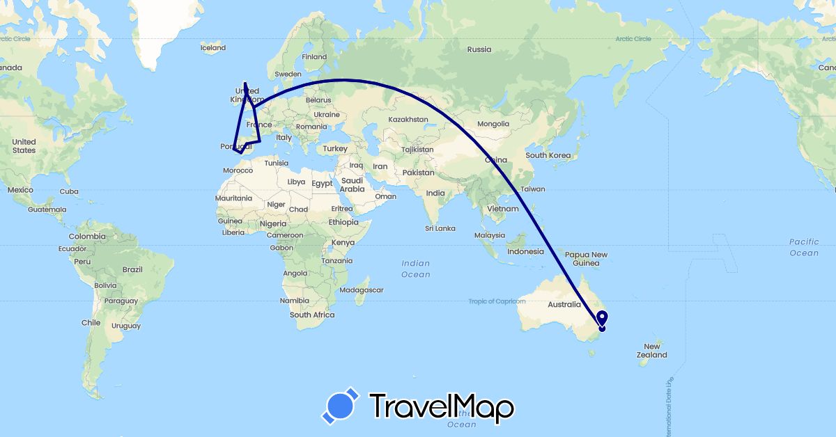 TravelMap itinerary: driving in Australia, China, Spain, United Kingdom, Portugal (Asia, Europe, Oceania)